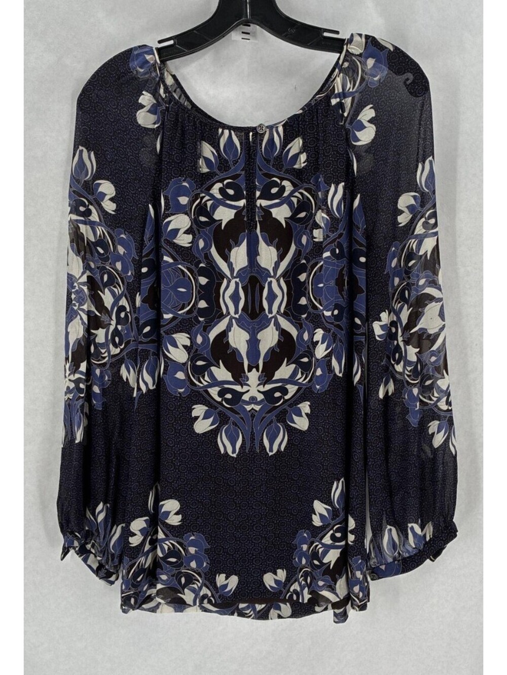Tory Burch Blue White Silk Floral Long Sleeve Round Neck Tunic Womens Blouse 6